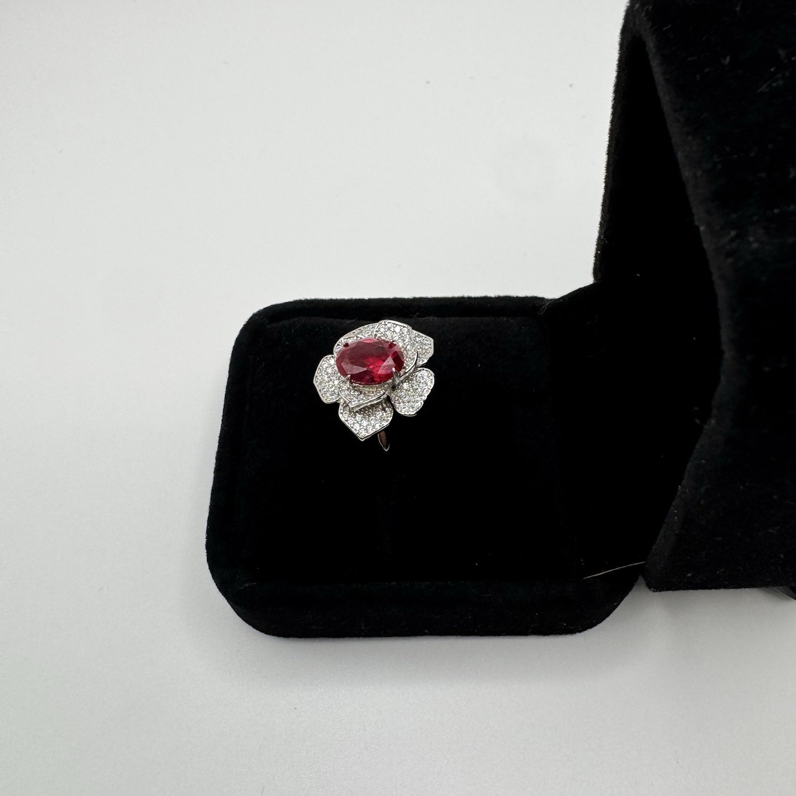 Platinum Plated Adjustable 2 ct Moissanite Pink Flower Ring Vintage Inspired