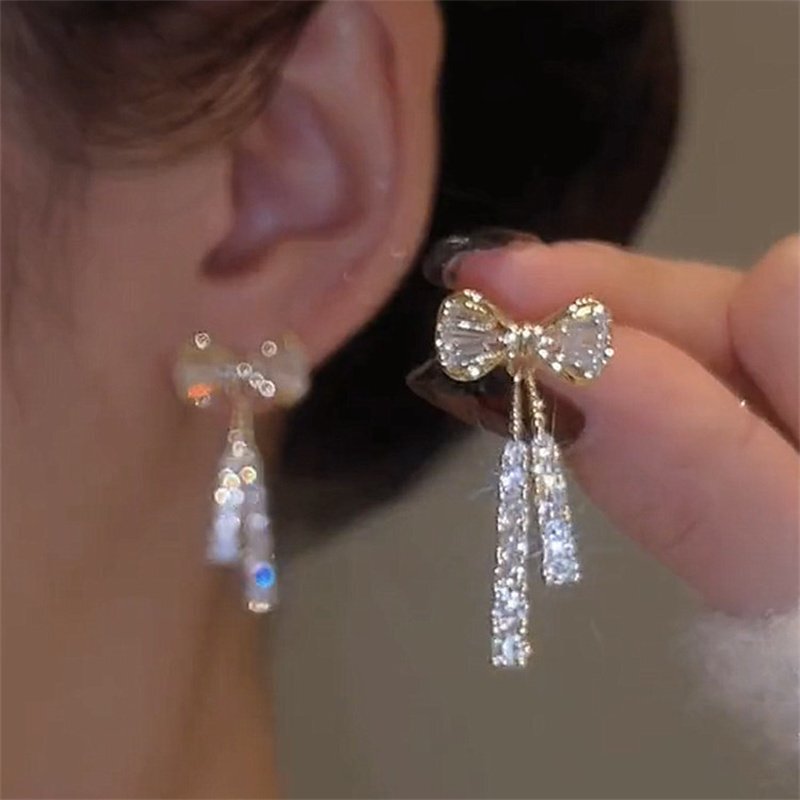 Fashion Zircon Crystal Pearl Bowknot Tassel Earrings Drop Dangle Women Jewelry