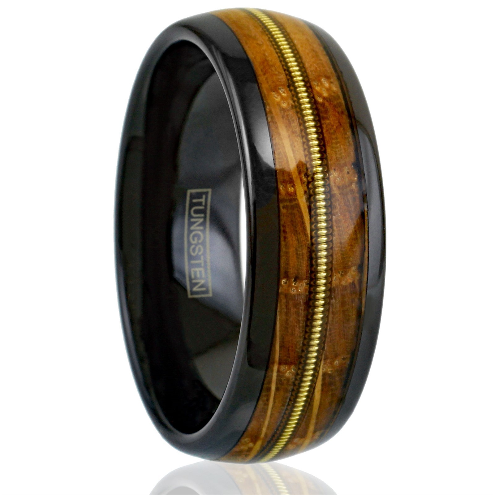 8mm Black Tungsten Whiskey Barrel Wood w/ Guitar String Men’s Wedding Band Ring