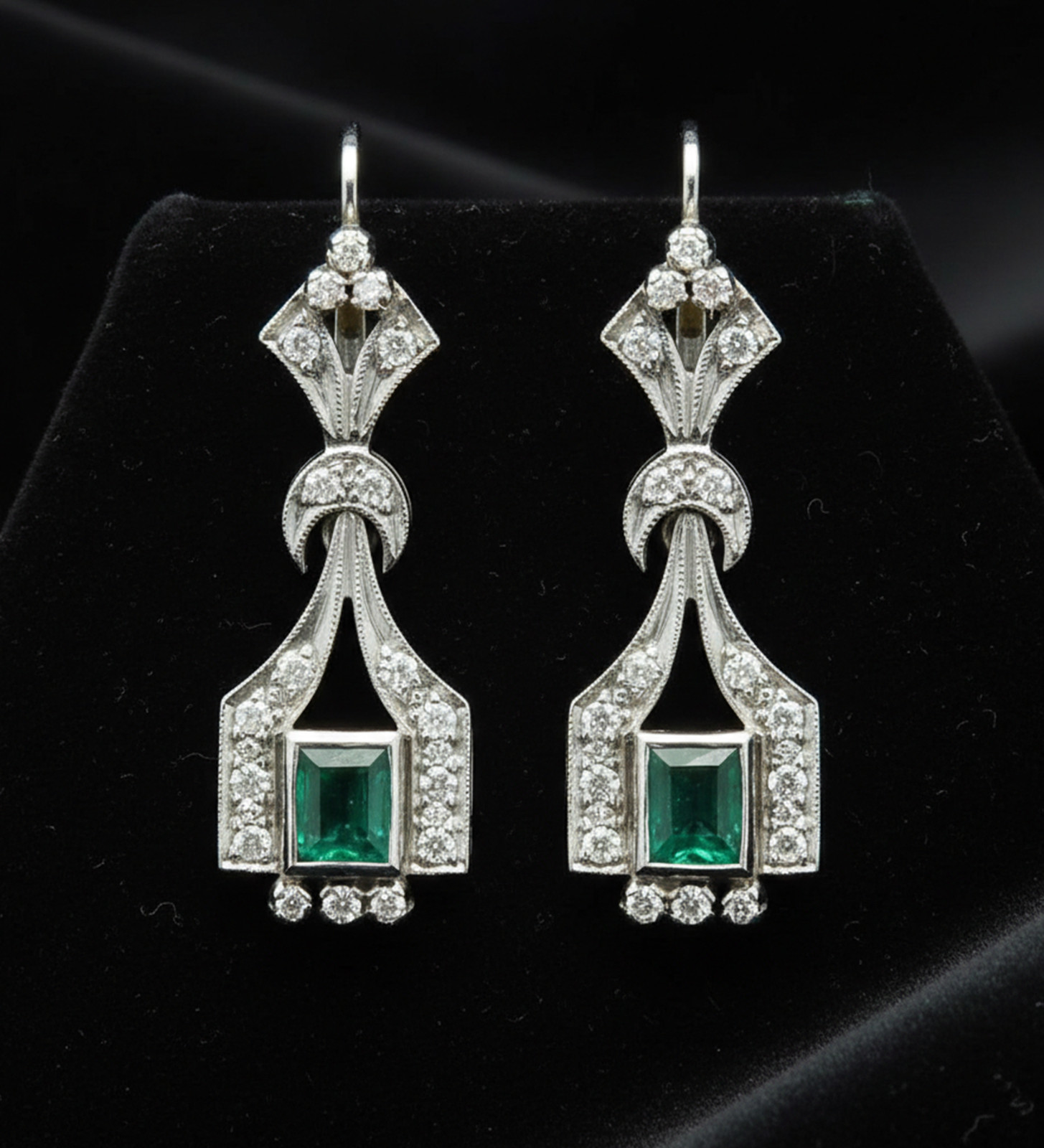Green Emerald Lab Created Diamond 14K Gold Art Deco Wedding Dangle Drop Earrings
