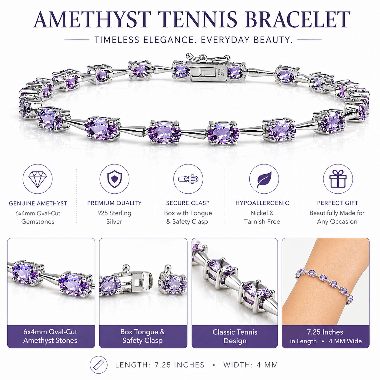 925 Sterling Silver Amethyst Tennis Bracelet 6x4mm Oval 7.25″ Gemstone Purple