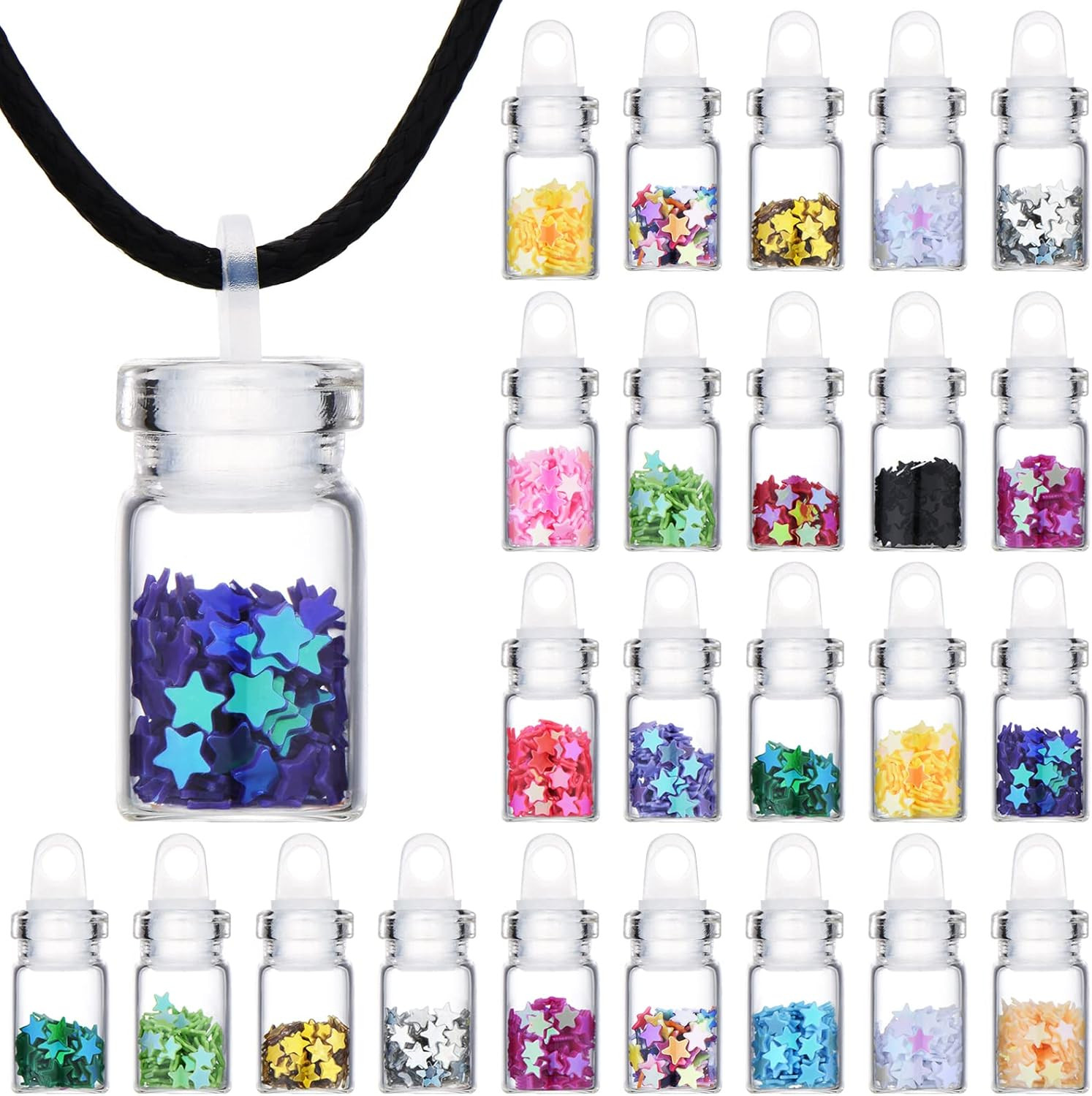 16pc Mini Wish Bottle Necklaces, Star Glitter Vials, Fairy Party Favors