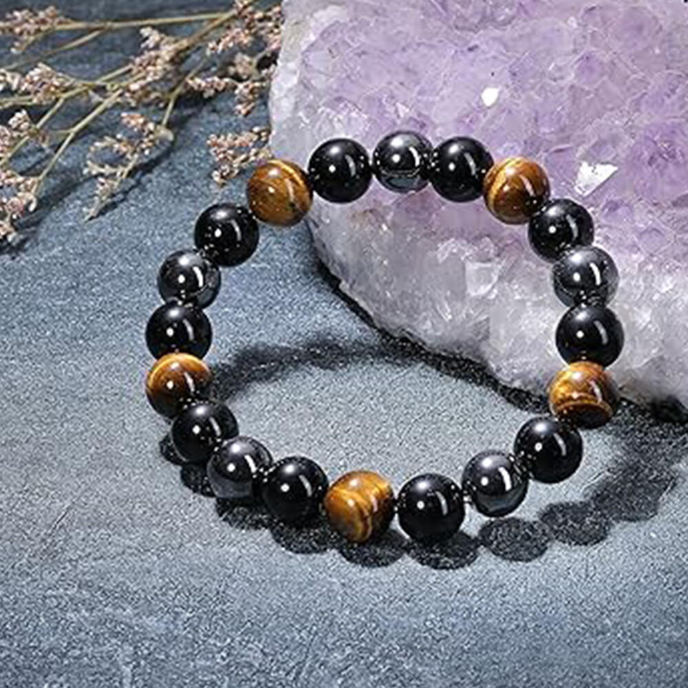 Energy Healing Stretch Bracelet Natural Stone Hematite Tiger Eye for Men Women