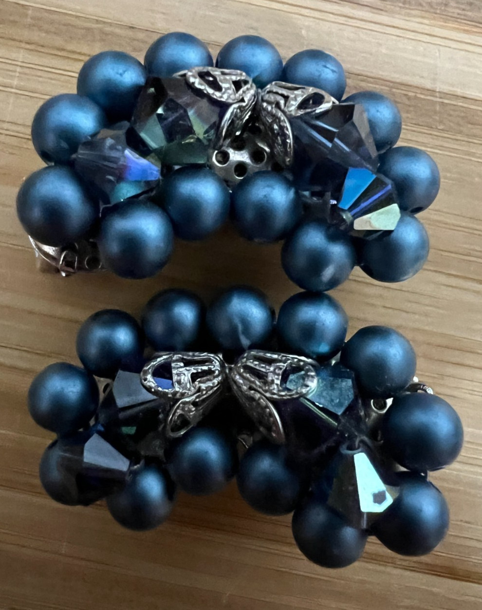 Vintage Blue Beaded climber style clip ear rings –unsigned 1.25 inches