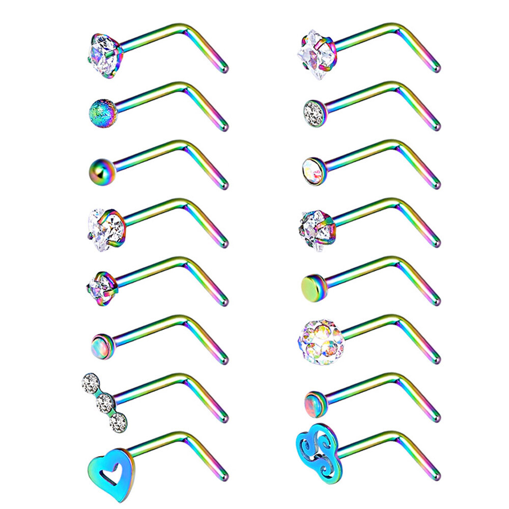 16Pcs Curved Nose Stud Surgical Steel Nose Ring Crystal L Bend Stud Piercing 20G