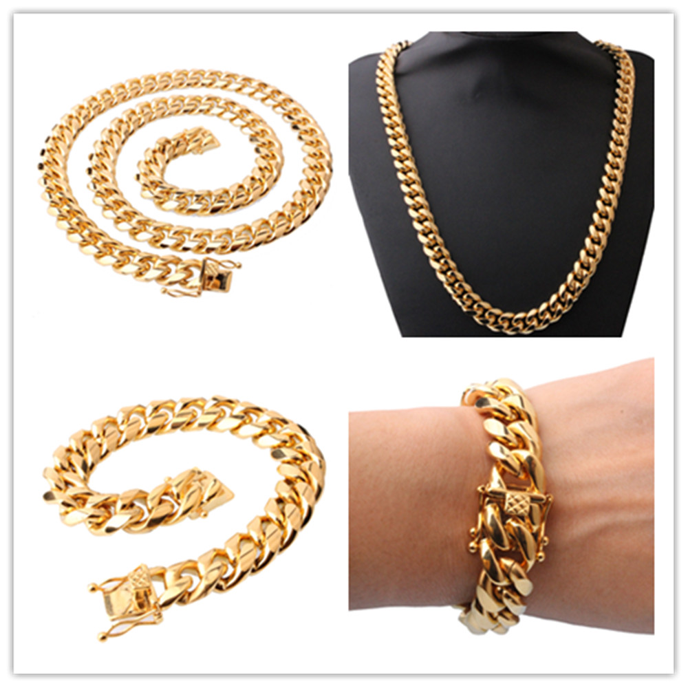 16mm30in Men Cuban Miami Link Bracelet Chain Set 14k Gold Plated StainlessSteel