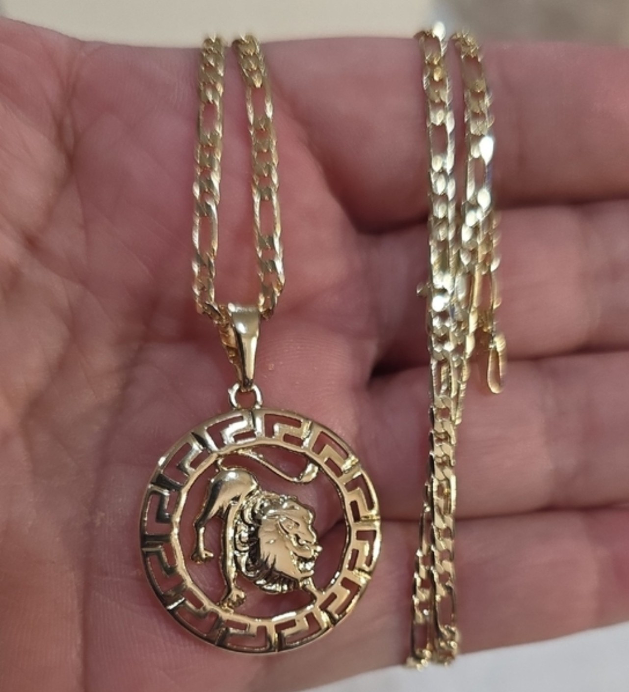 14k Gold Plated Figaro Chain Necklace w/ Round Leo Zodiac Charm Pendant