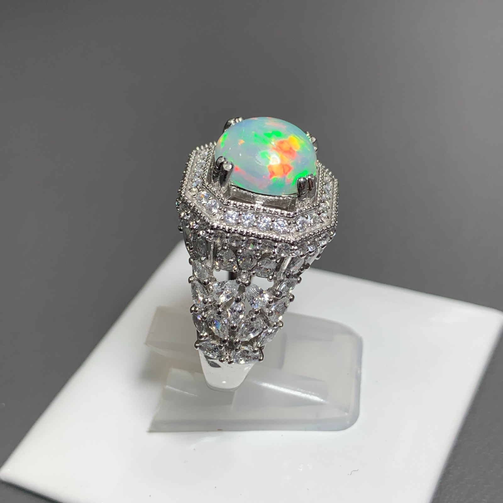 Natural 3.00 Ct Full Fire Ethiopian White Opal Designer 925 Silver Ring