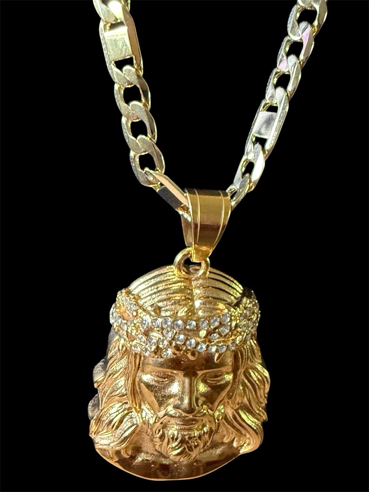 Gold Figaro Chain none tarnish Jesus Head Pendant White CZ Lobster