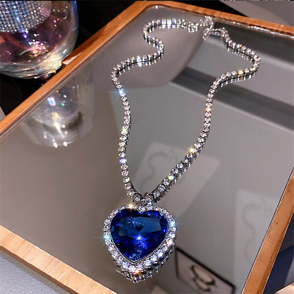 Huge Platinum White Gold Titanic Heart of the Ocean Blue Rhinestone Necklace