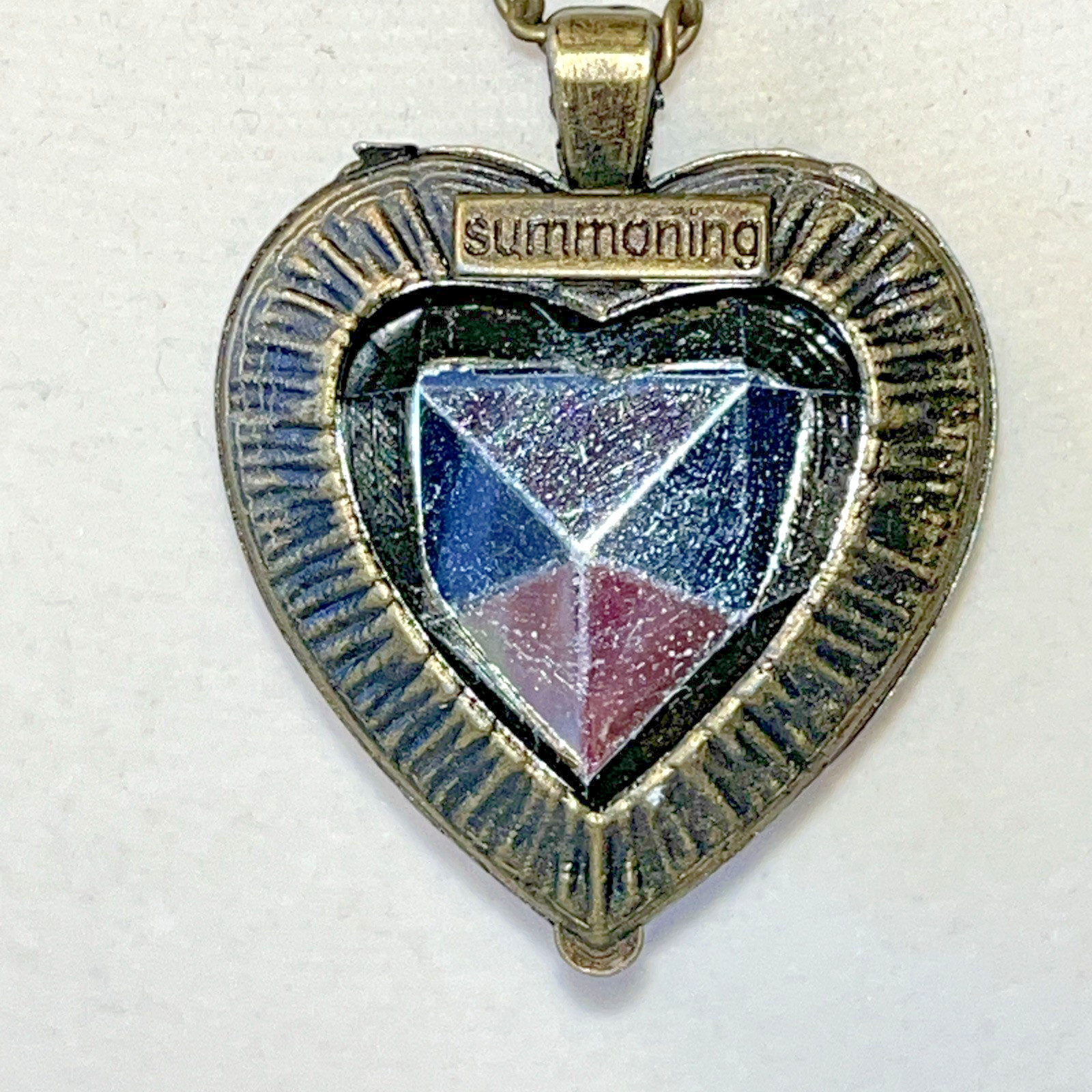 Antiqued Brass Metal Winged Pendant With Red Heart Foil Backed Crystal Necklace