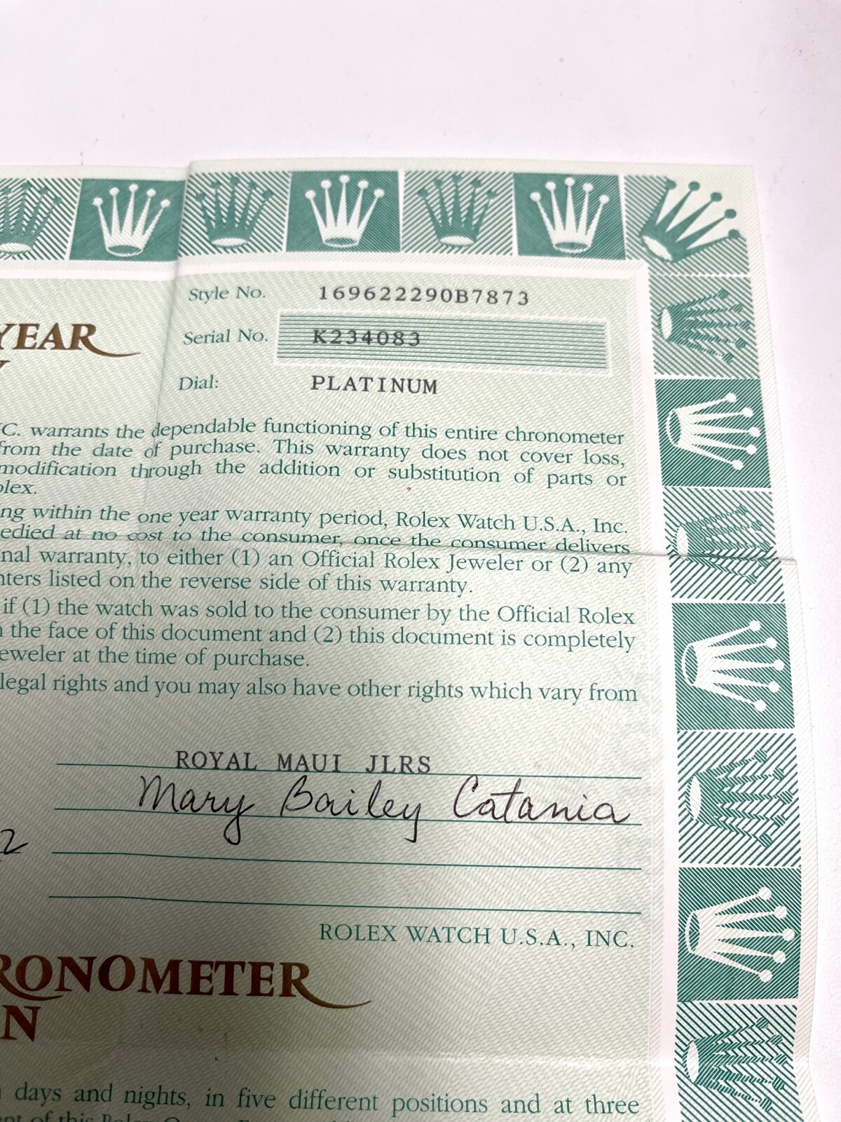 Rolex full one year warranty certificate For Ref 16962