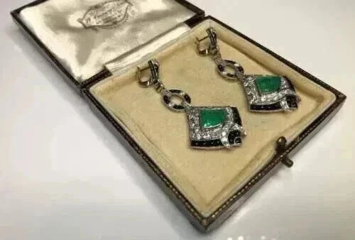 Art Deco Style Lab Created Emerald Diamond Engagement 14k White Gold FN Earrings