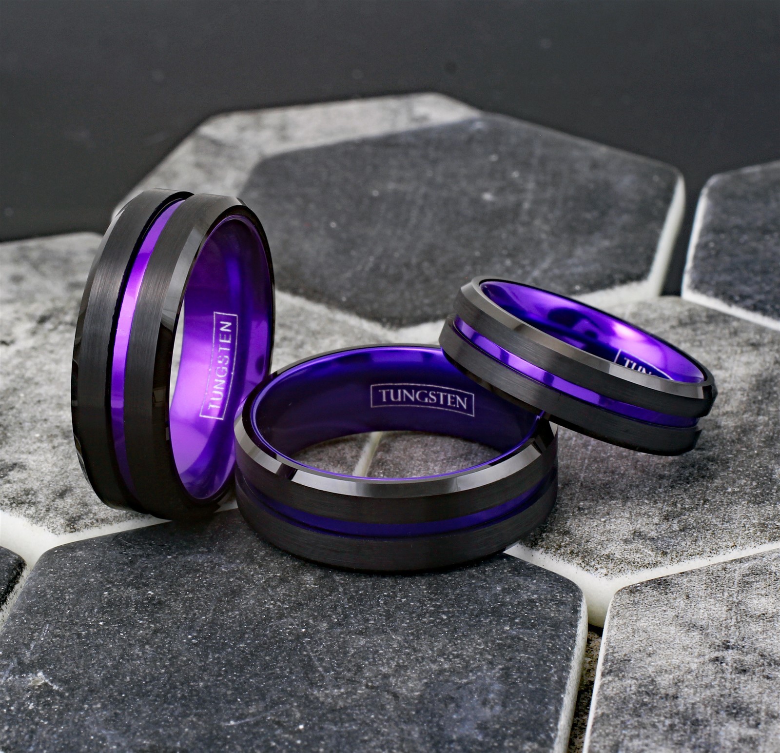 6/8mm Black Tungsten Carbide Ring Purple Stripe Wedding Band -Engraving Avail.