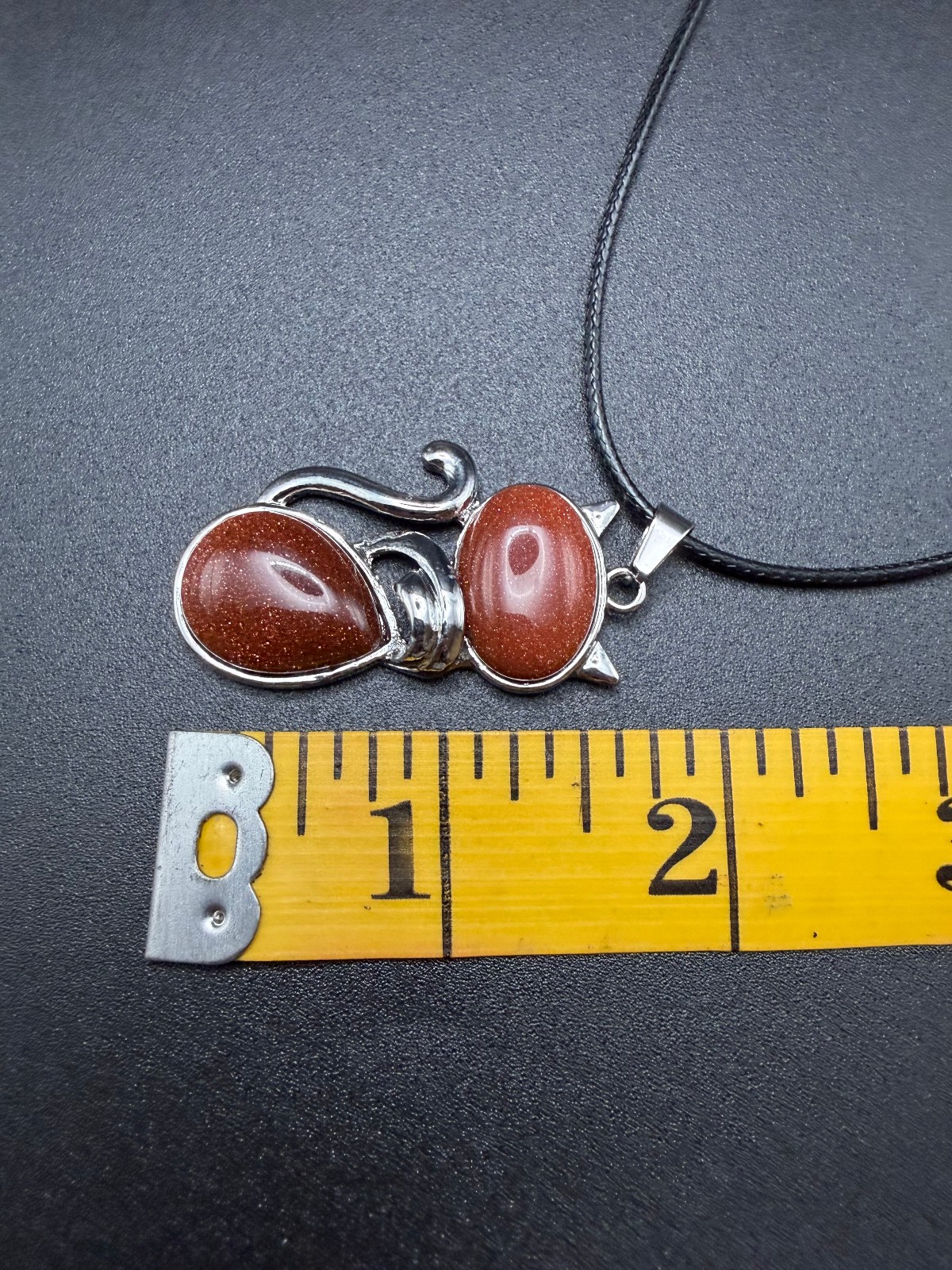 Red-Brown Goldstone Glass Cat Pendant Necklace 21″ Waxed Cord /Stone of Ambition