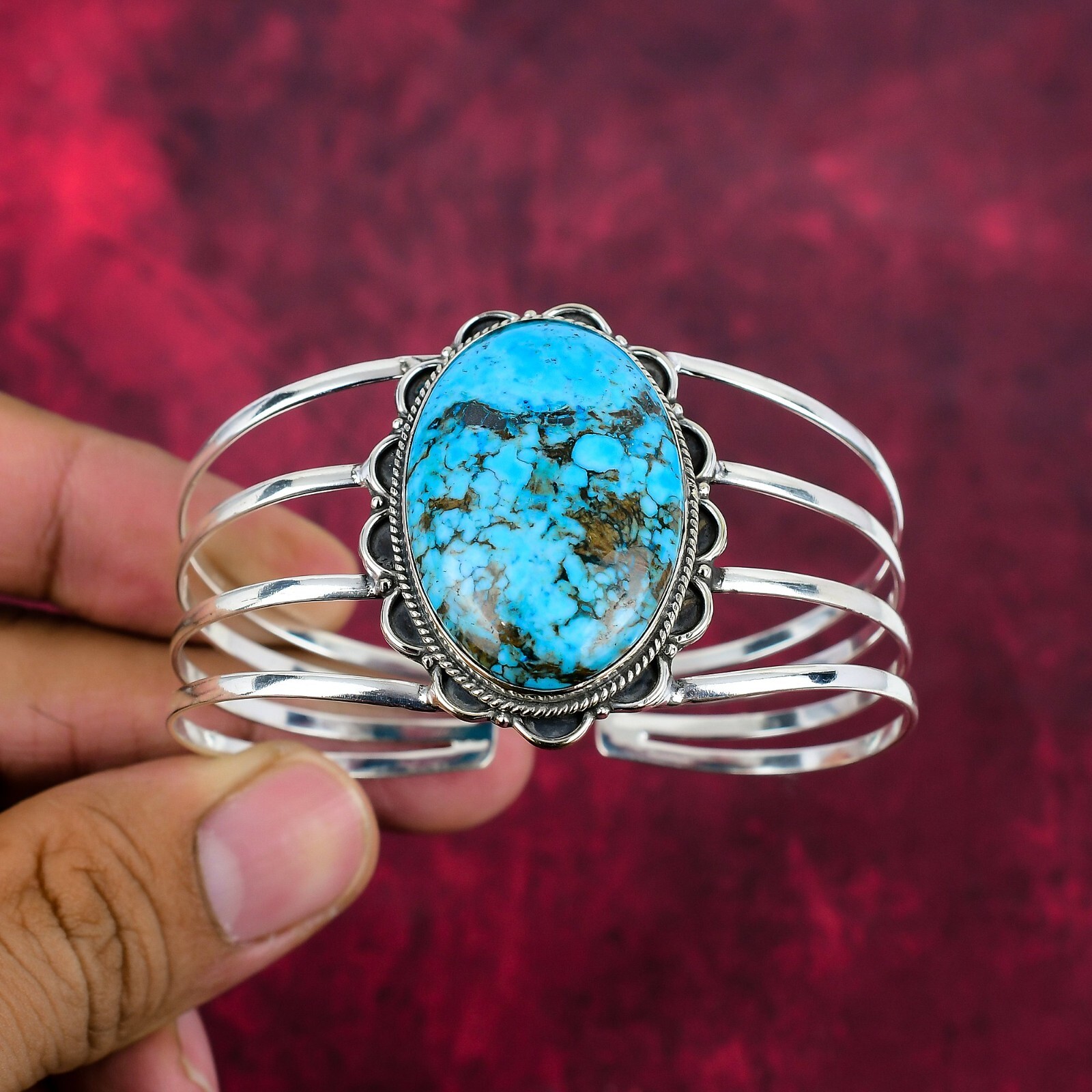 Blue Turquoise Gemstone Handmade 925 Sterling Silver Adjustable Bangle Jewelry