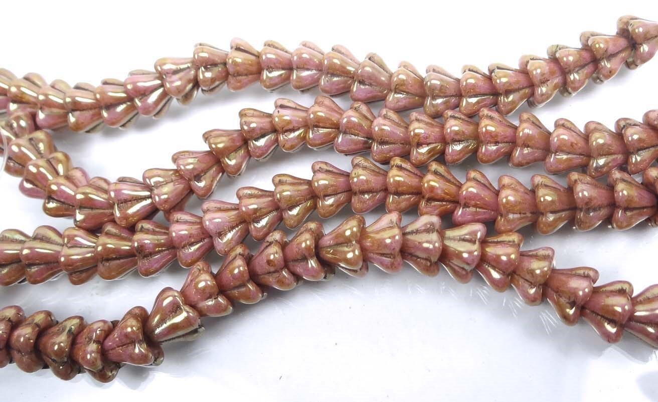 25 Czech Glass Baby Bell Flower Beads – Luster – Opaque Rose/Gold Topaz 8x6mm