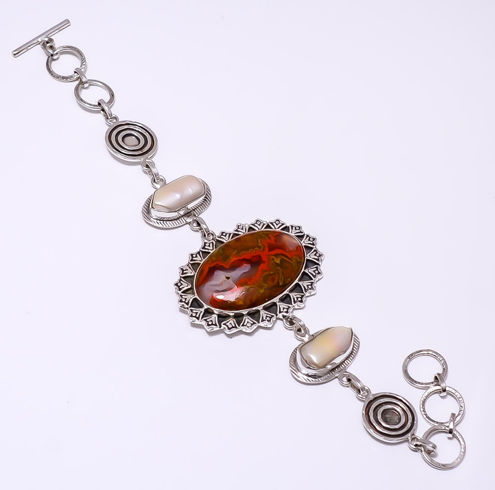 Seam Agate – Morocco & Biwa Pearl 925 Sterling Silver Bracelet 7-8.99″ 8.99″ B50