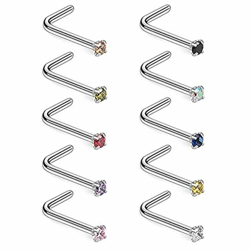 10PCS 20G Surgical Steel L Shaped Mix Color CZ Nose Stud Rings Piercing Jewelry