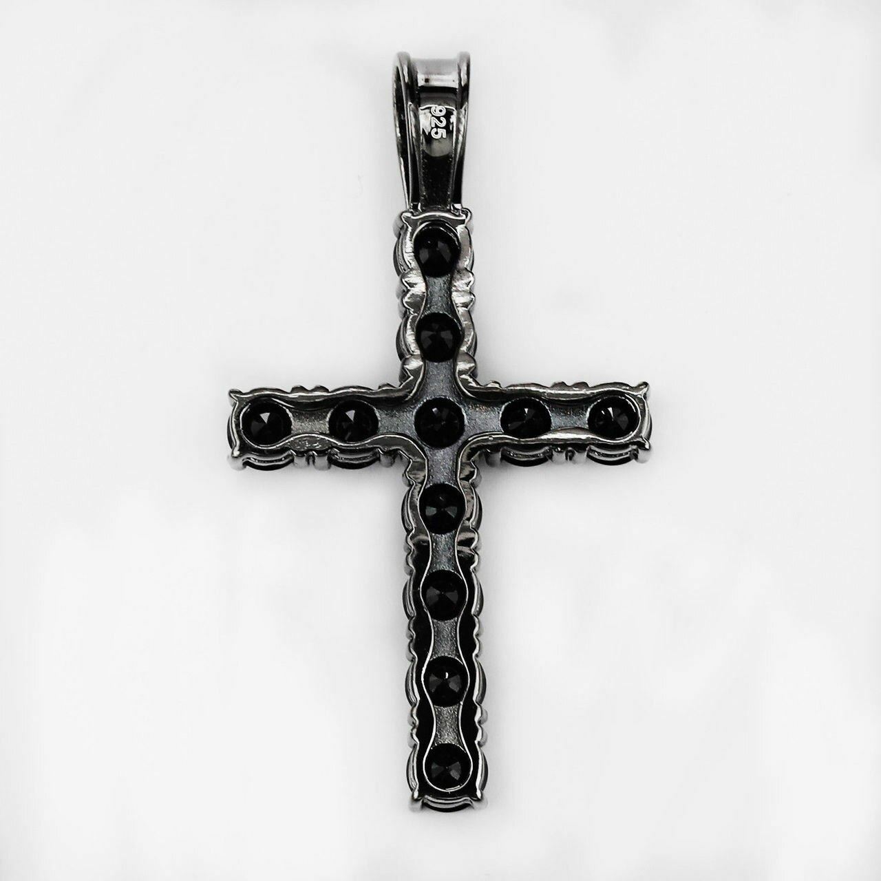 Tennis Chain W. Cross Solid Real 925 Sterling Silver 4mm Black CZ 1 Row