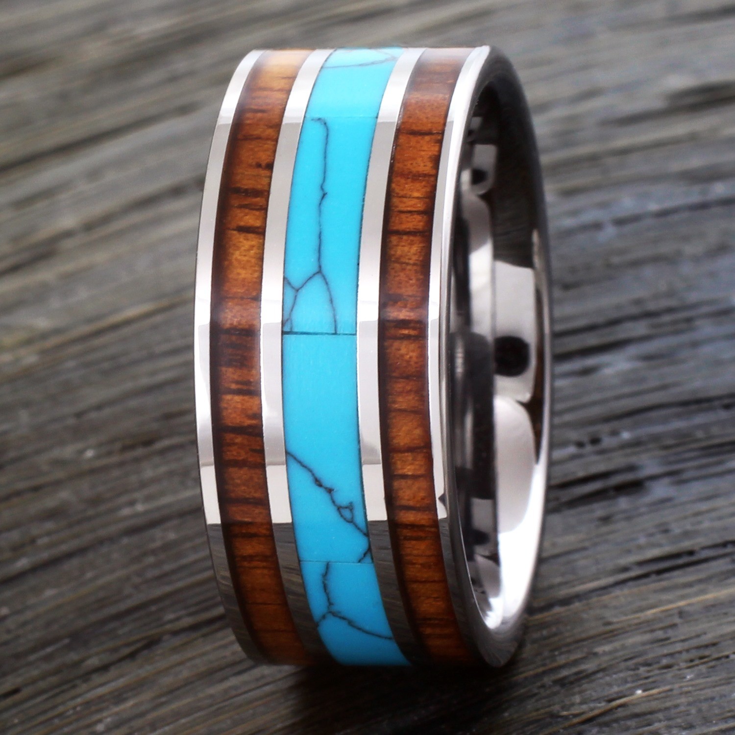 10mm Tungsten Men’s Turquoise and Double Hawaiian Koa Wood Wedding Band