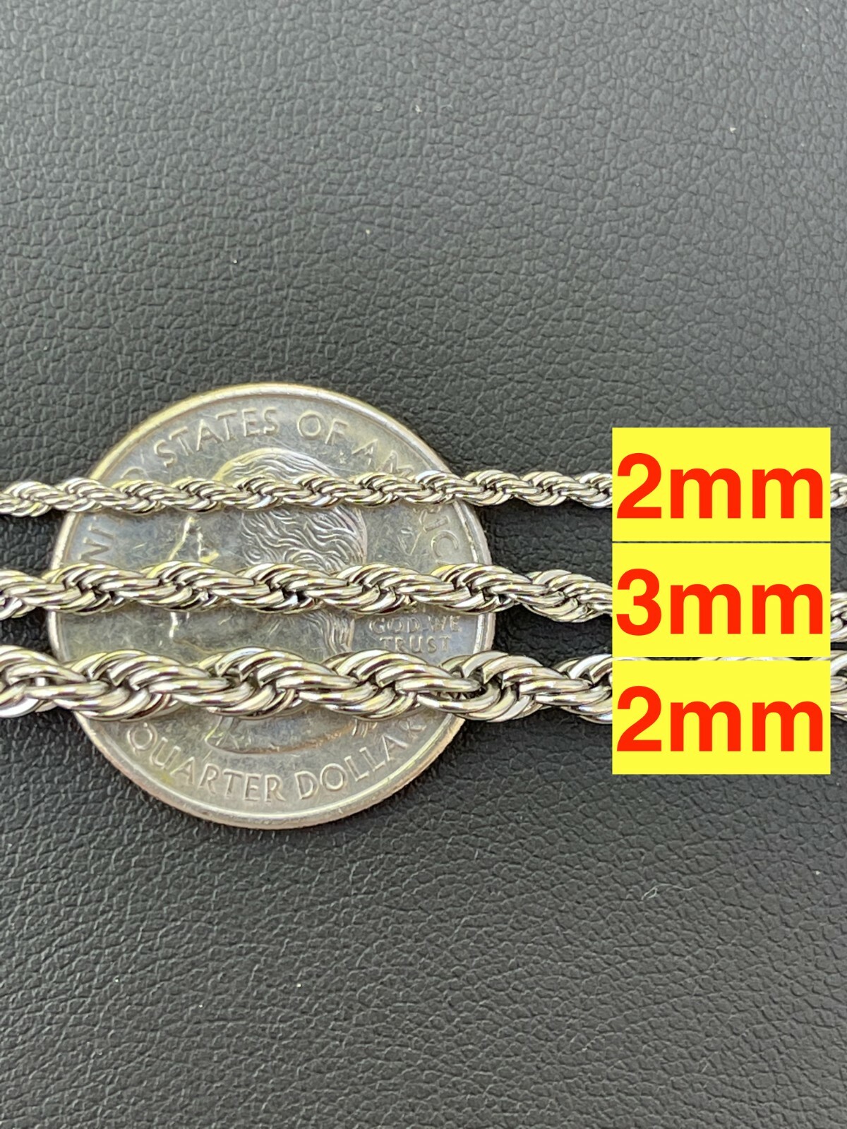 Men’s Real Solid Rope Chain Necklace Stainless Steel – Rhodium – 2mm-6mm 18-30″