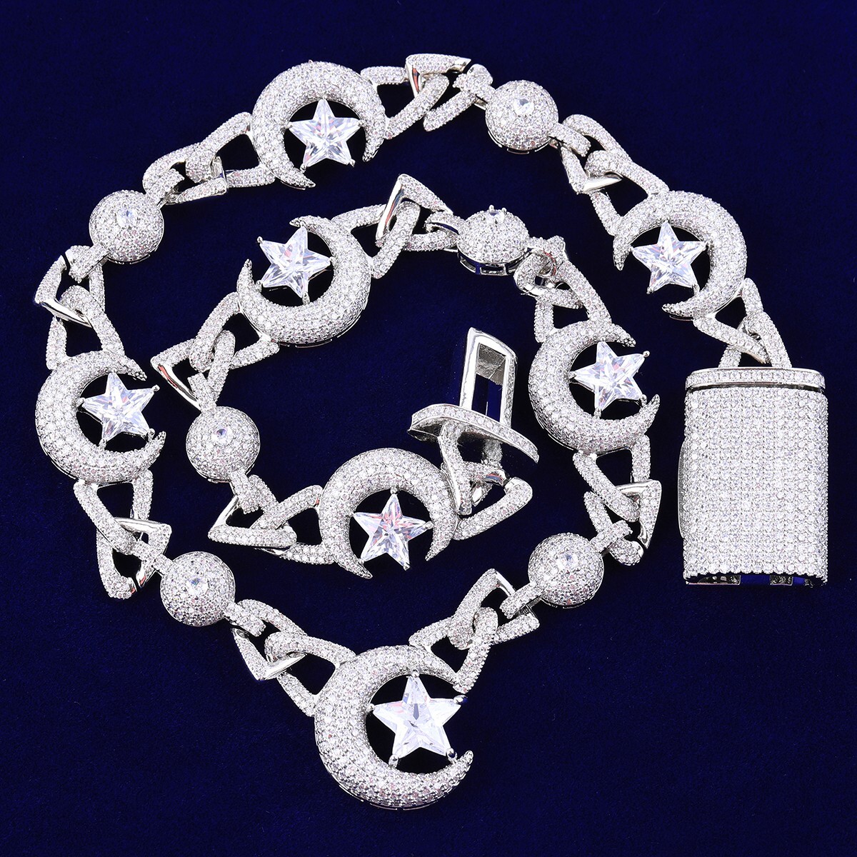 5AAA+ CZ Bling Ice Out Hop Hip Moon Star Cuban Link Chain 14k Real Gold Plated