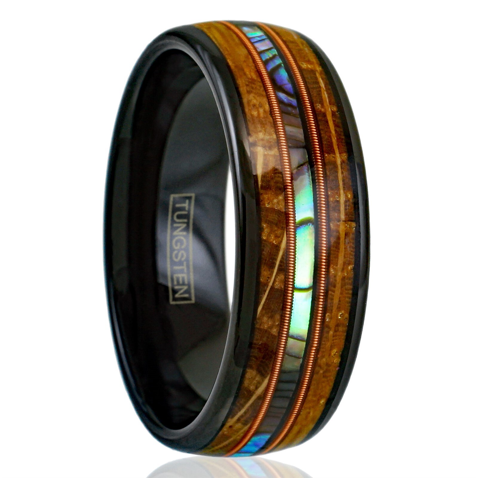 6/8mm Black Tungsten Whiskey Barrel Wood Abalone & Dual Guitar String Men’s Ring