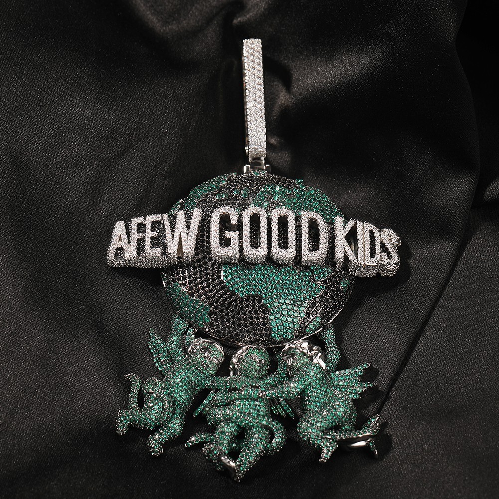 5AAA+ CZ Ice Out Hop Hip Bling A FEW GOOD KIDS 3 Angels Earth Pendant Chain
