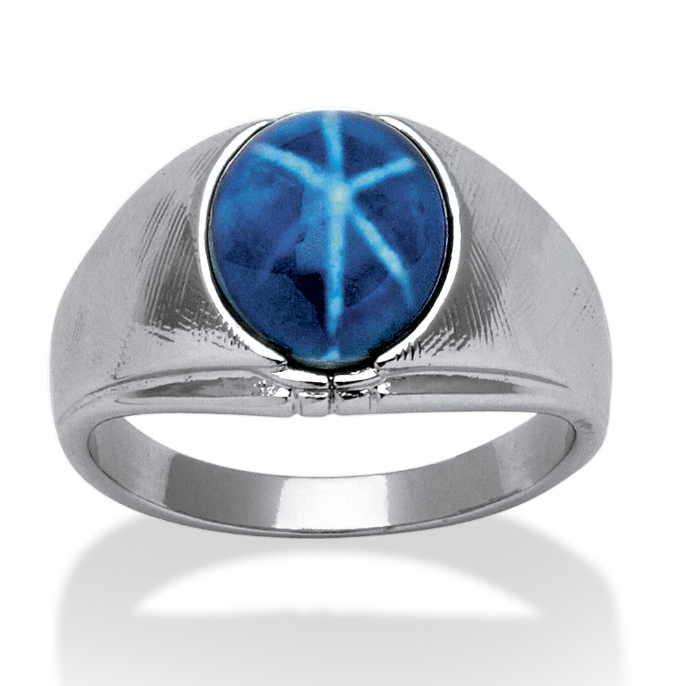 Men’s Oval Simulated Blue Star Sapphire Ring in Silvertone Sizes 8-16