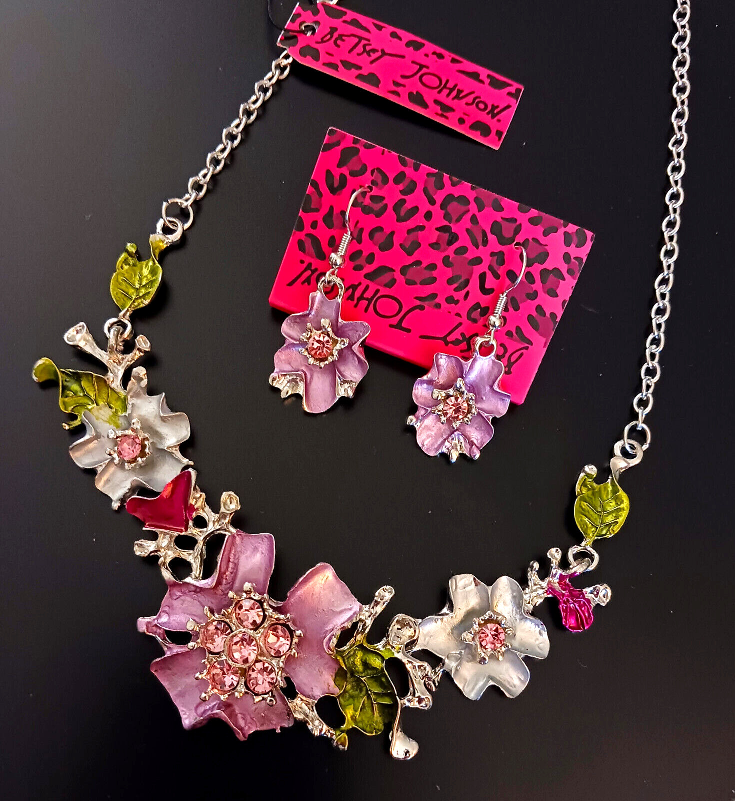 Bouquet Pink FLOWER GARDEN Floral Rhinestone Betsey Johnson Necklace Earring Set