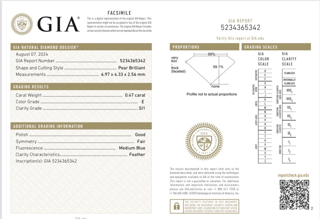 GIA Certified 0.47ct E/SI1 Laser Inscribed Pear Brilliant Cut Loose Diamond