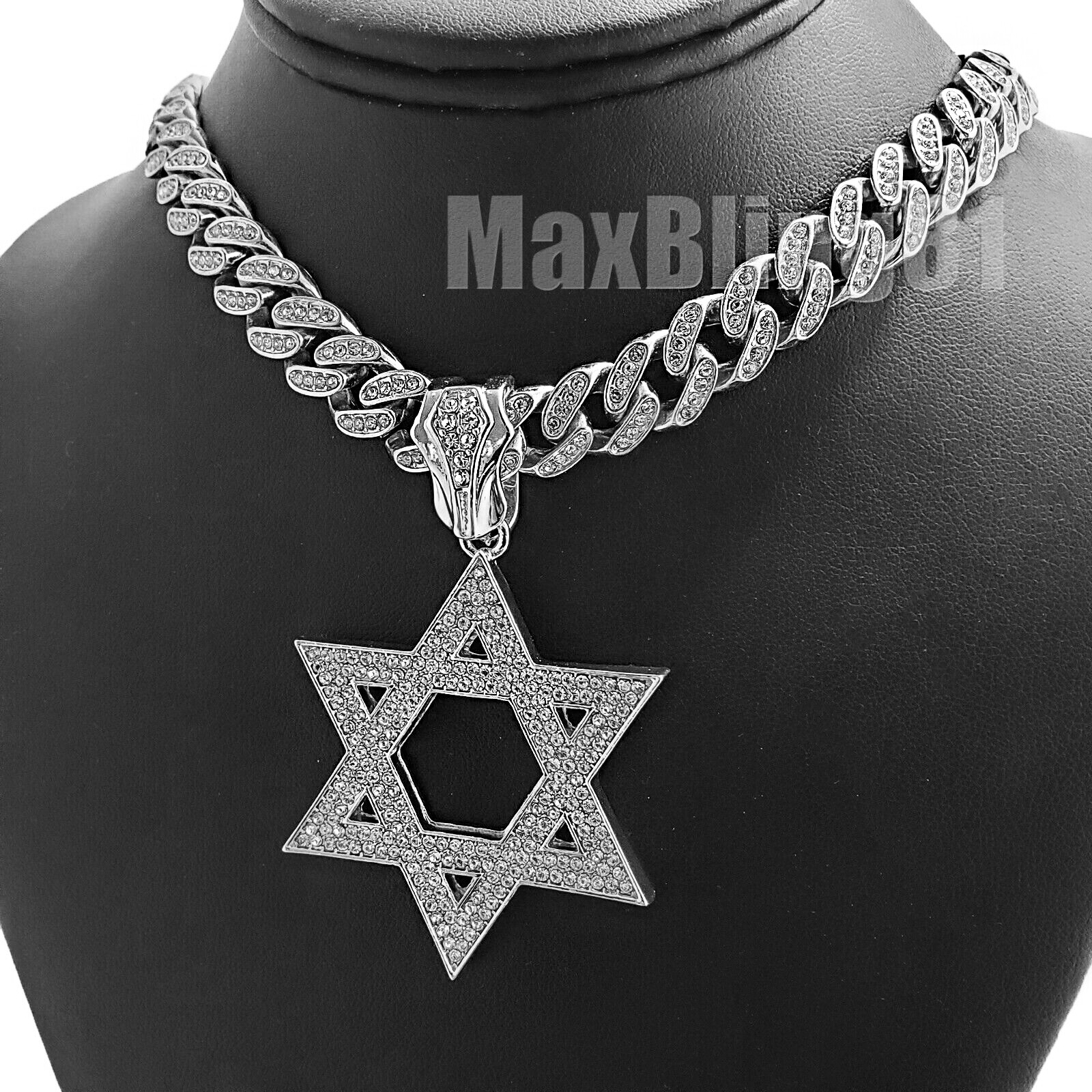 Silver Plated Alloy Star of David Charm Iced Cuban Cubic Zirconia Chain Necklace