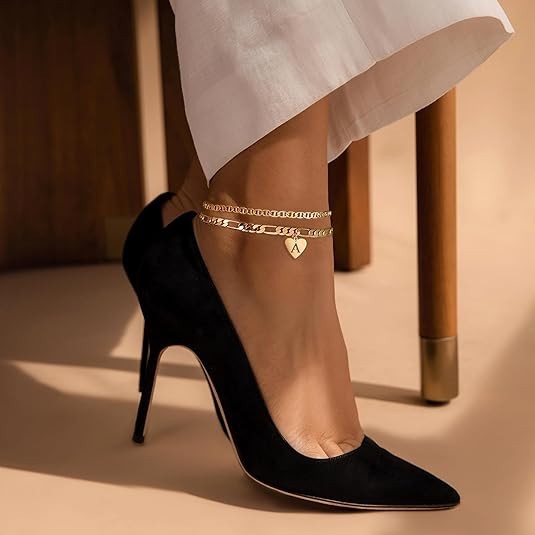 14k Gold Initial Ankle Bracelet for Women 10k Solid Gold Layered Figaro Anklets