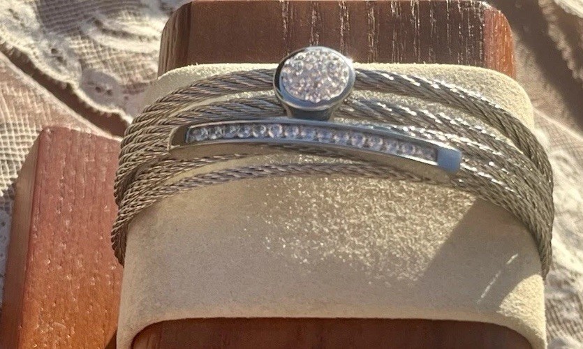 2 Stainless Sliver Mesh Cubic Zirconia Stackable Cuff Bracelet 6.25