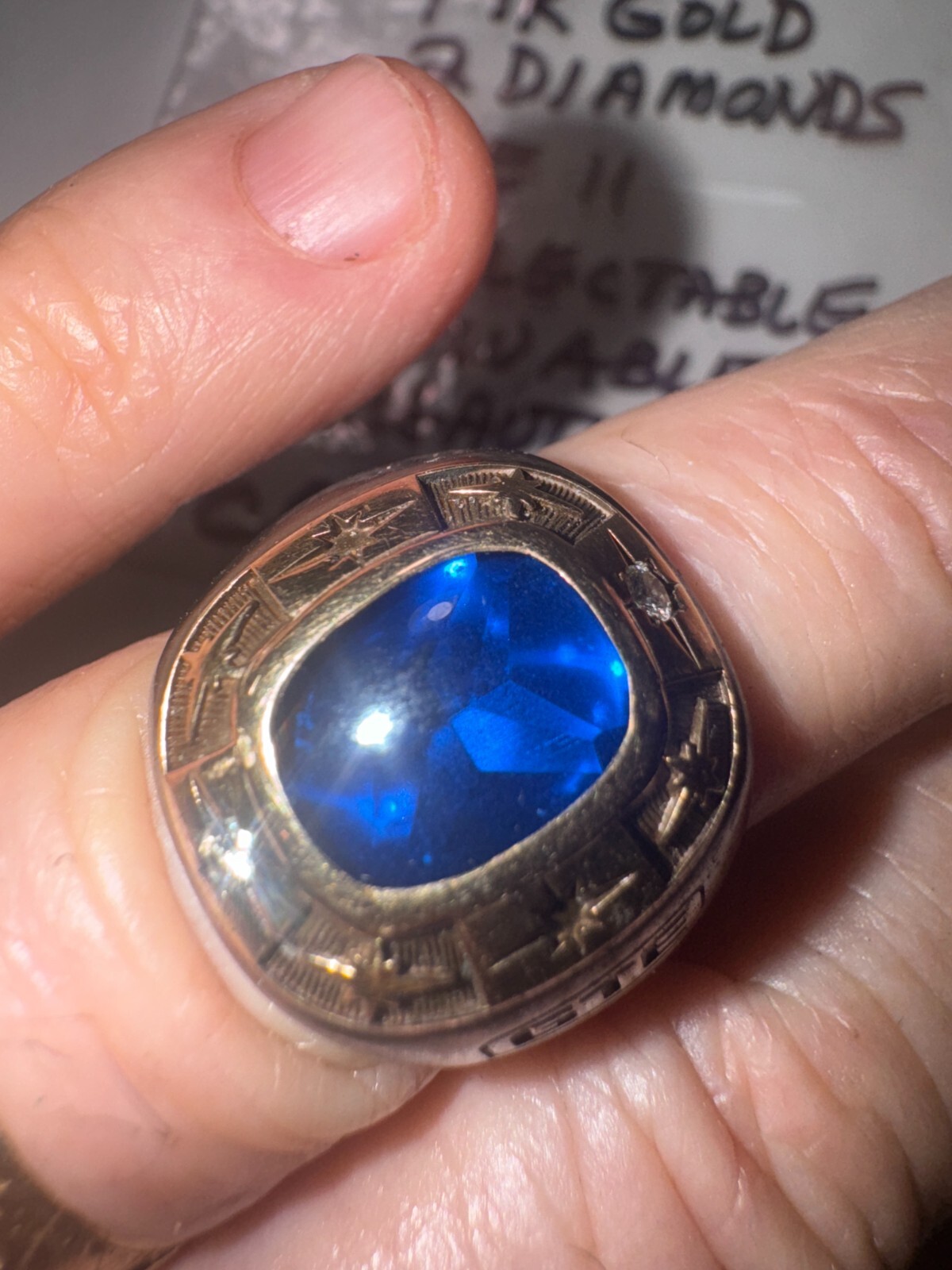 GTE Service Ring: Sterling & 14K Gold w/2 Diamonds & Blue Stone Very Cool SS-137