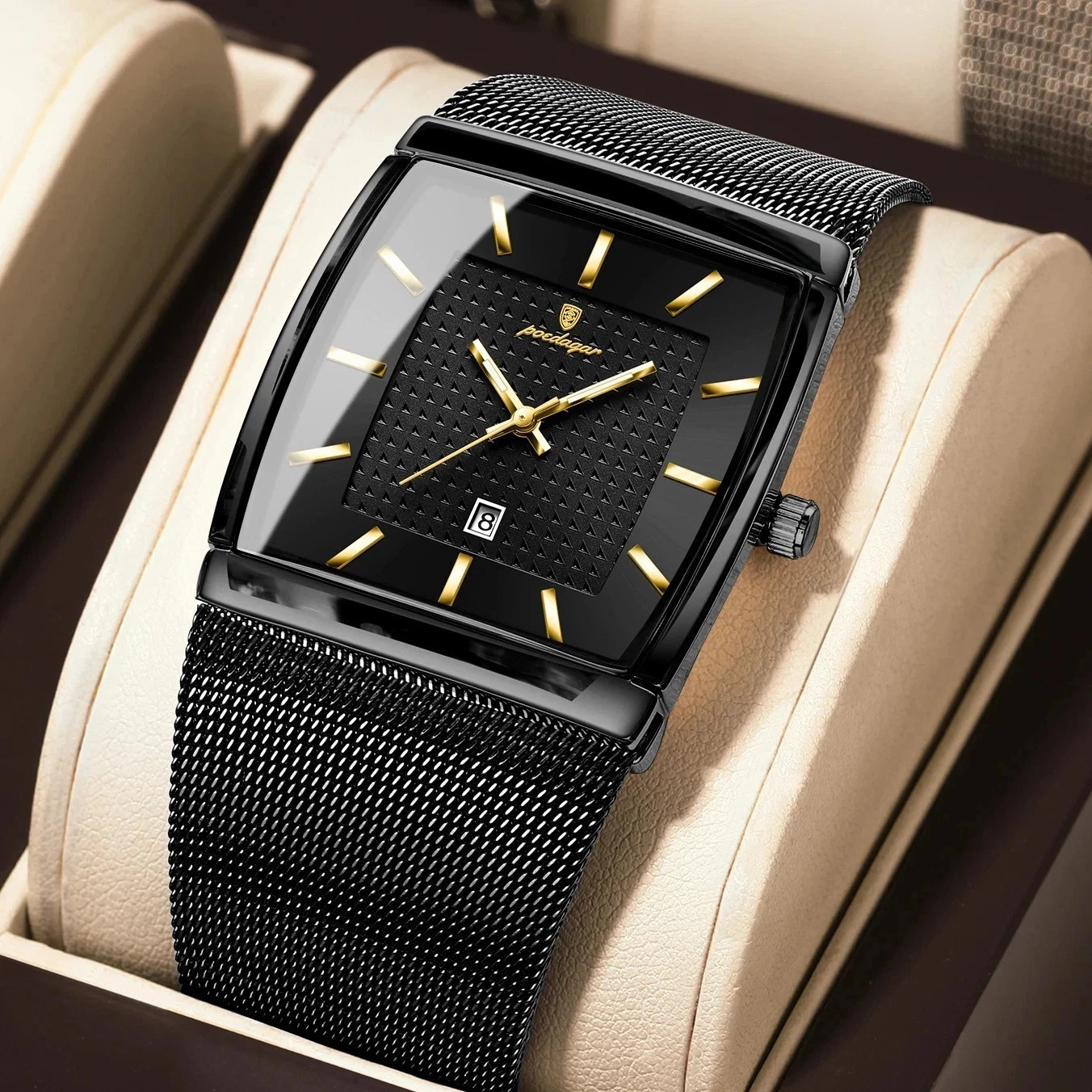Luxury Men’s Watch Rectangle Steel Mesh Waterproof Luminous Date Quartz