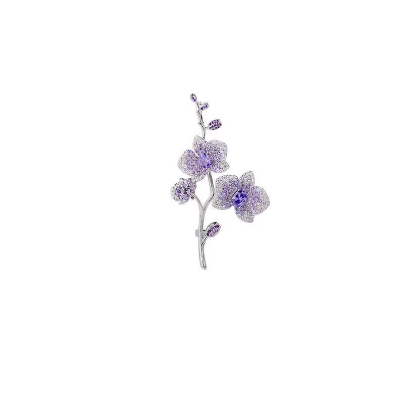 Purple Orchid Brooch Full Zircon Elegant Flower Pin Womens Clothing Accessory