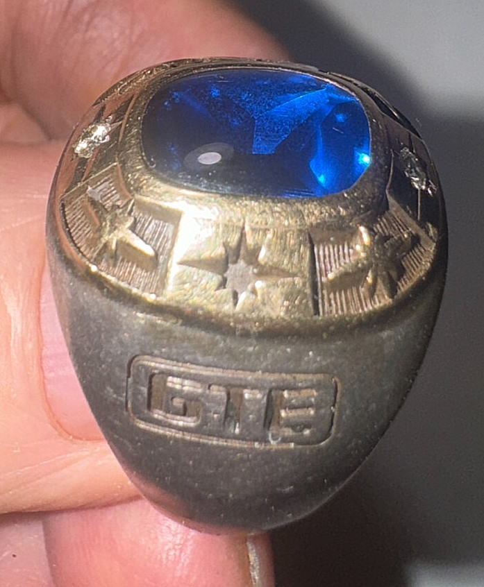 GTE Service Ring: Sterling & 14K Gold w/2 Diamonds & Blue Stone Very Cool SS-137
