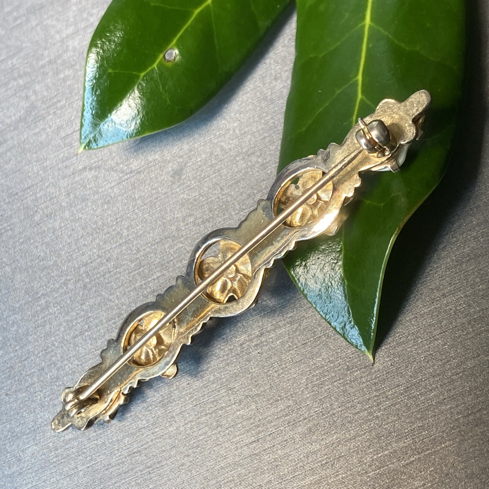 Vintage Pearl Bar Brooch Estate Fine Jewelry Pre-owned Sterling Silver Vermeil