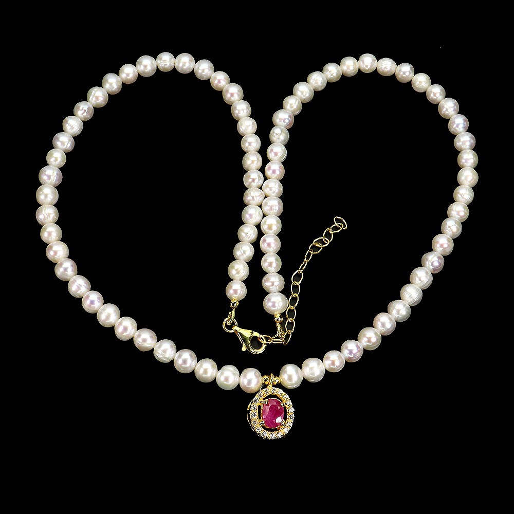 925 Sterling Silver Necklace Oval Ruby 7x5mm Pearl Gemstone Jewelry 17 Inches