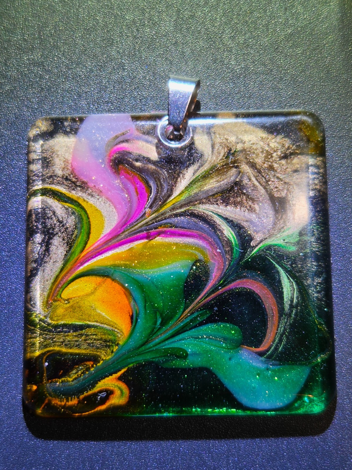 OOAK Petri Effect Resin Square Pendant Green Pink Gold Stainless N104