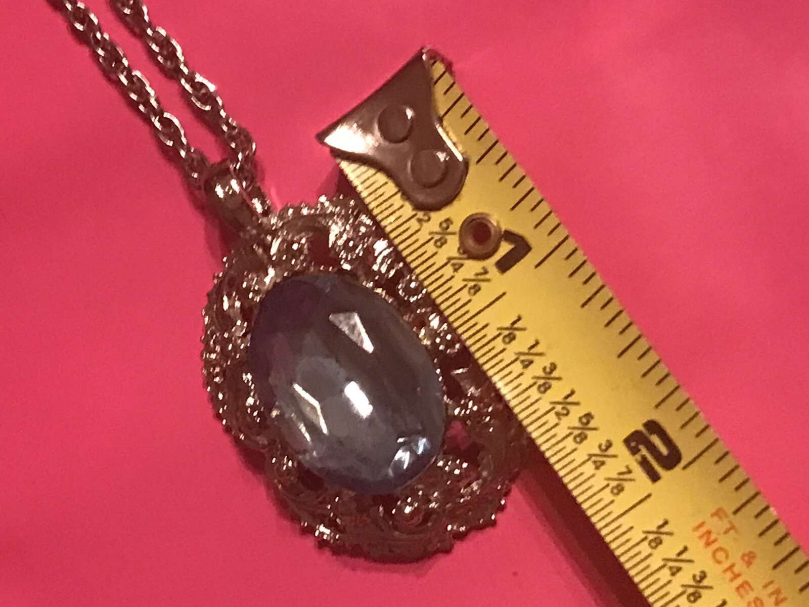 Vintage Silver Foil Back Aquamarine Rhinestone Pendant Rope 24” Chain Necklace