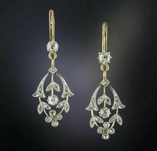 Art Deco Drop Dangle Earring Round Cut Simulated Diamond 14k Yellow Gold Plated