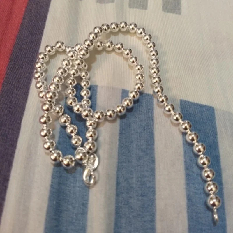 925 Sterling Silver 18K Gold 6mm Smooth Beads Ball Chain Necklace Women Jewelry
