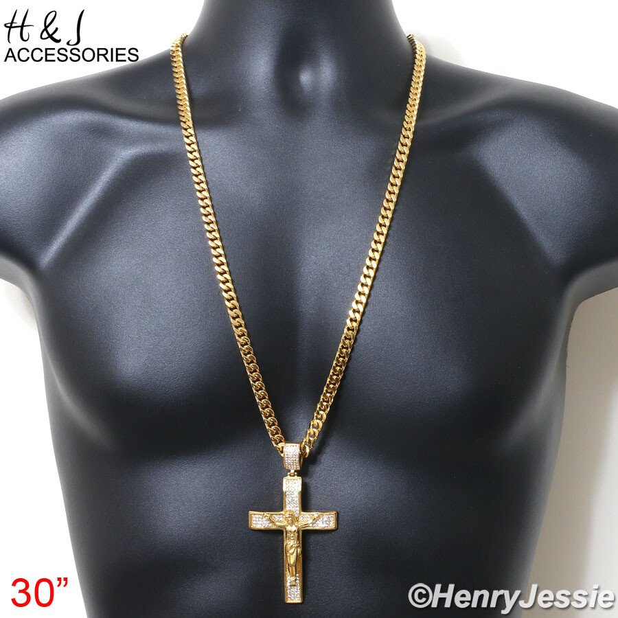 18-40″Stainless Steel 7mm Gold Plated Miami Cuban Chain BIG CZ Cross Pendant*142