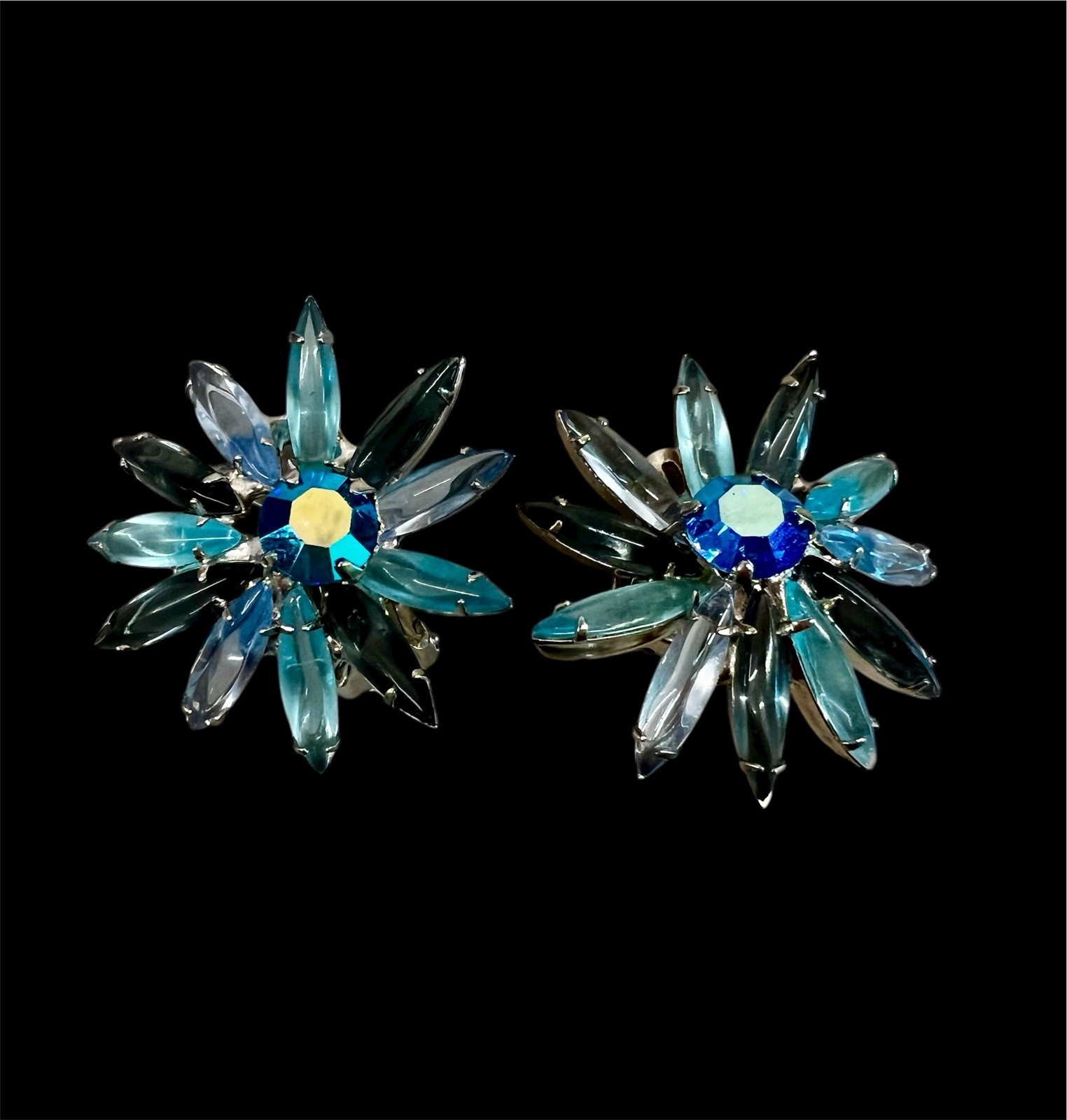 Vintage SCHREINER Unsigned Flower Blue Navettes Rhinestone Brooch & Earrings