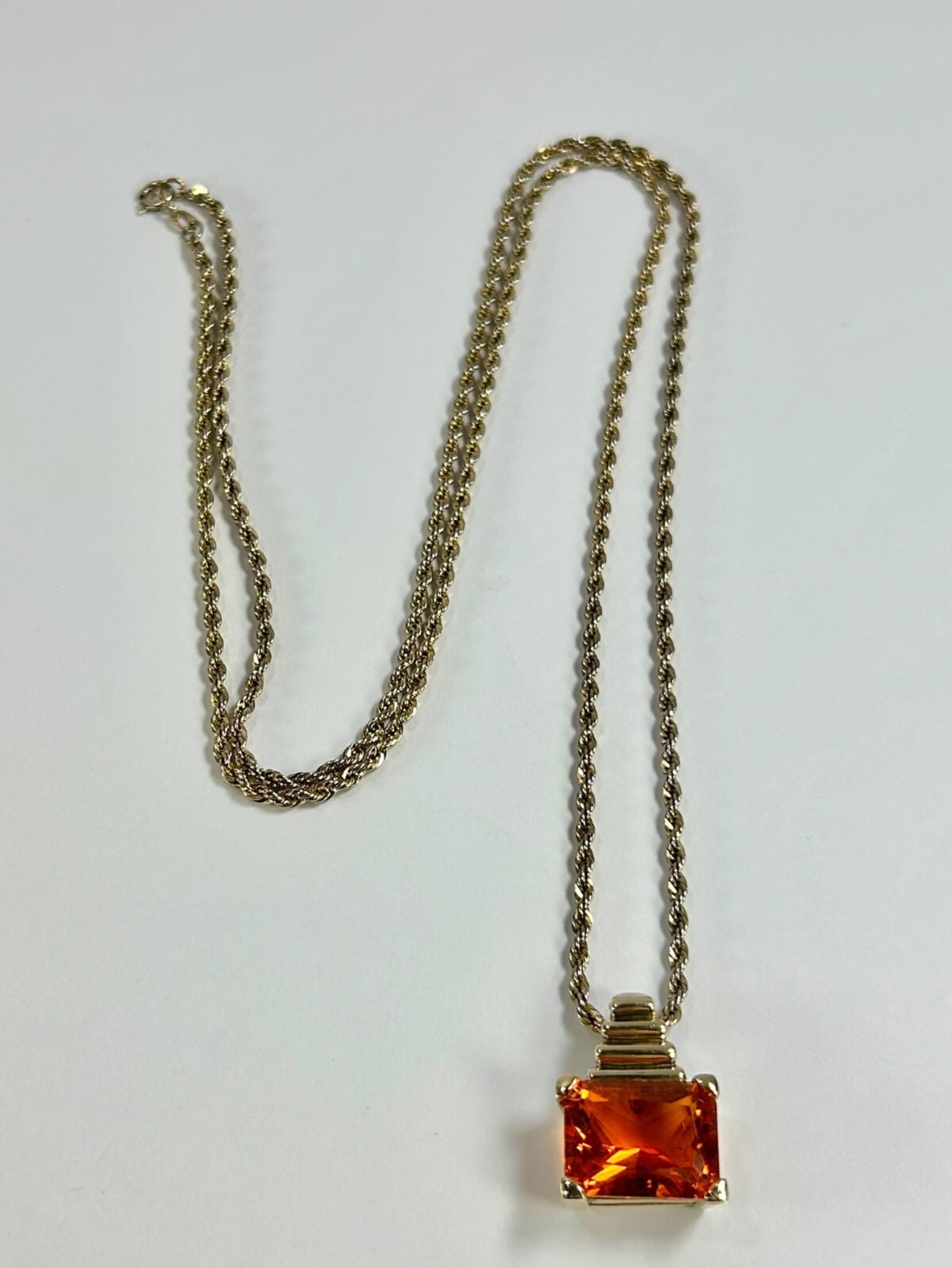 925 Sterling Silver Gold Vermeil Chain Necklace Orange Glass Pendant Statement