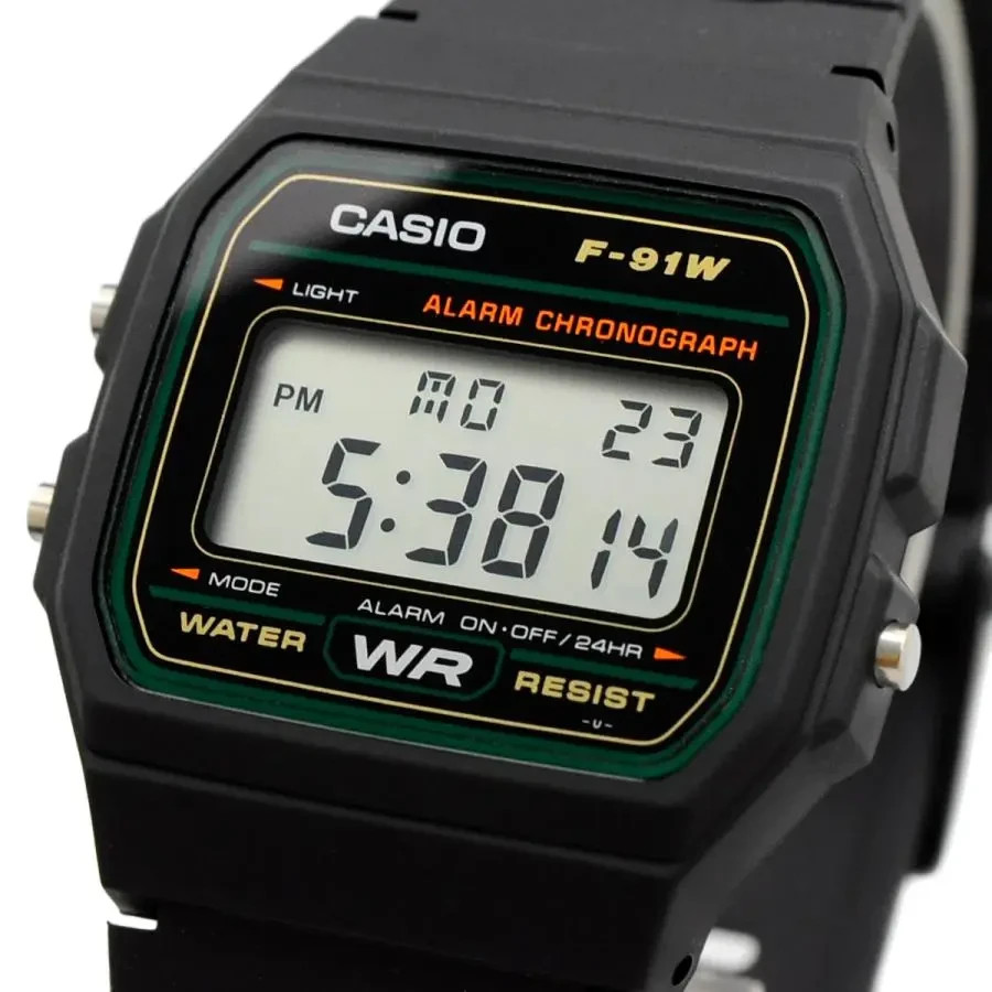 Casio F-91W-3 Digital 30M WR Green Trim Alarm LED Backlight Stopwatch Resin