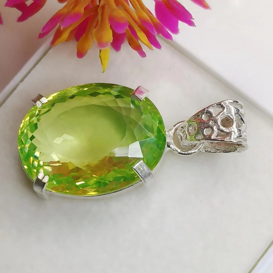 30 Ct+ Certified Natural Green Peridot Oval 925 Solid Silver Pendant Gemstone